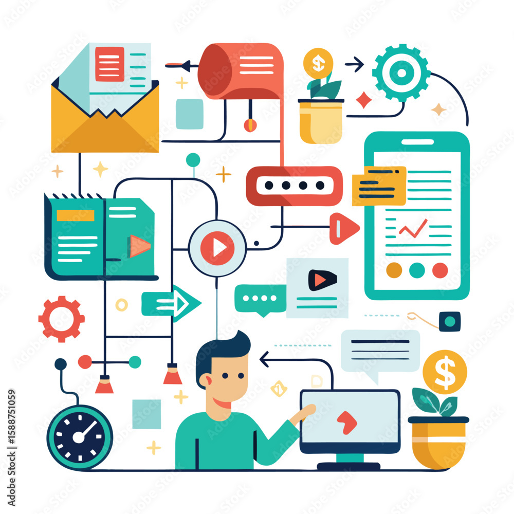 Aufkleber abstract illustration depicting digital processes, business workflow, and step-by-step workflows wit