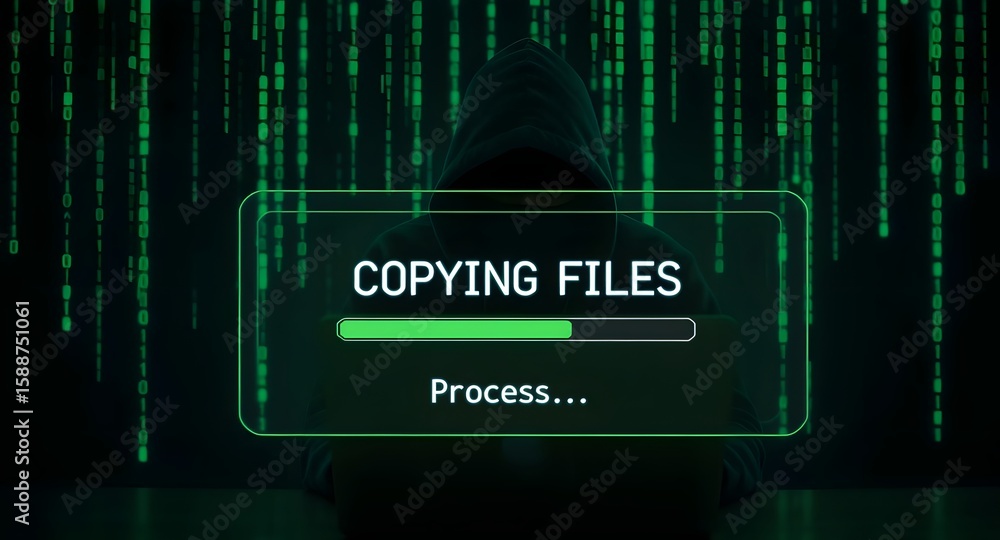 Poster hacker hands data transfer file copying process laptop screen. cybercrime, hacking digital breach, t