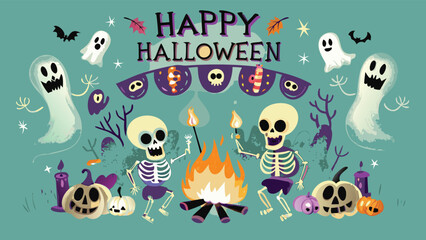 Halloween scene with skeletons, ghosts, pumpkins, campfire, and happy halloween banner art work