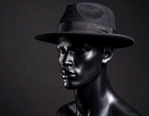 Black mannequin wearing a black fedora