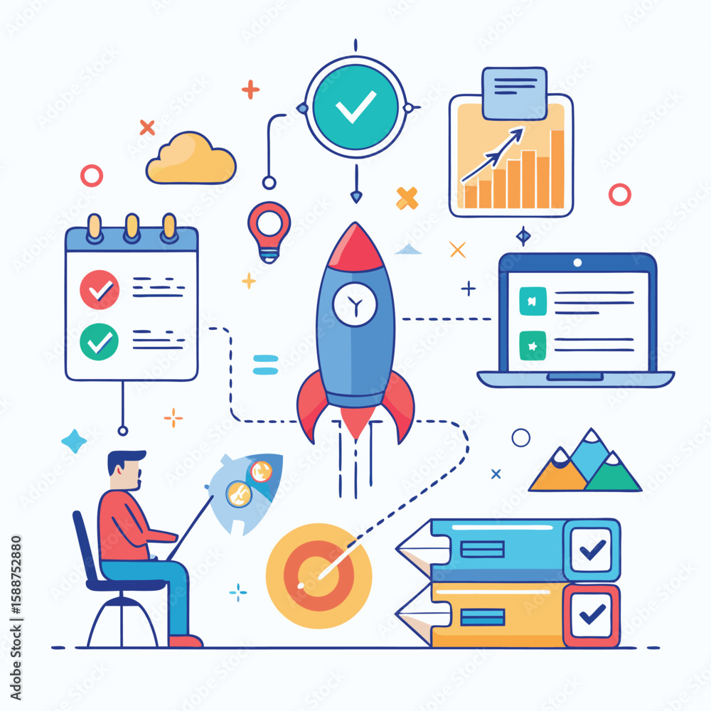 Poster business strategy roadmap concept depicting goals progress and target achievement visualized with ro