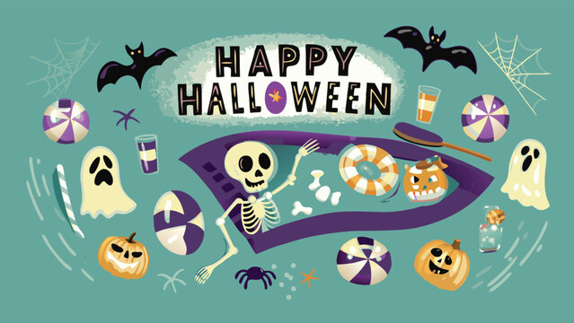Happy halloween themed illustration with skeleton in a pool and spooky decorations around it