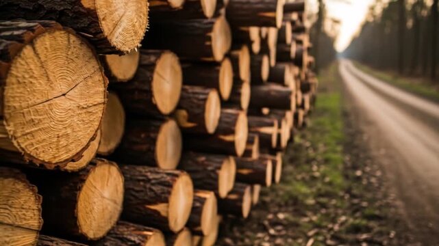 Stacked logs by a forest road: A lumber industry video showing timber harvesting and transport