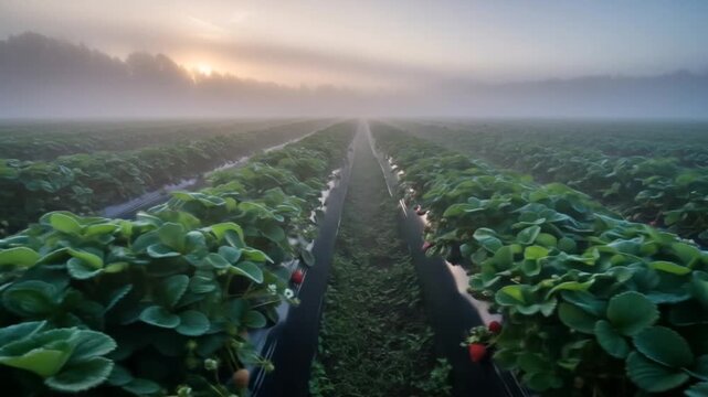 Strawberry Field at Dawn: Rows of Plants in Foggy Morning Light Video