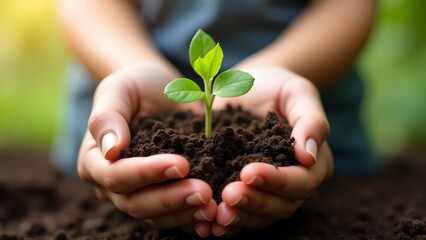 Nurturing Nature: Adult and Child Holding Young Plant Together – Symbol of Growth and Sustainability
