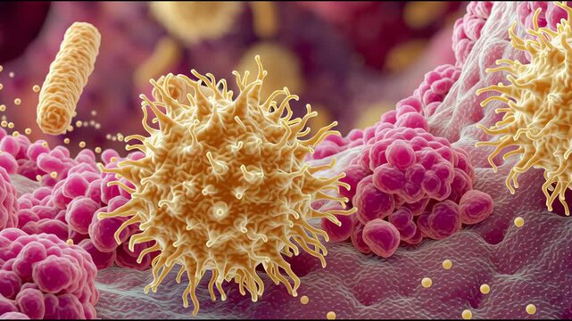 Explore a vibrant microscopic view of throat tissue highlighting various cells, including bacteria and immune responses, demonstrating the complexity of human biology