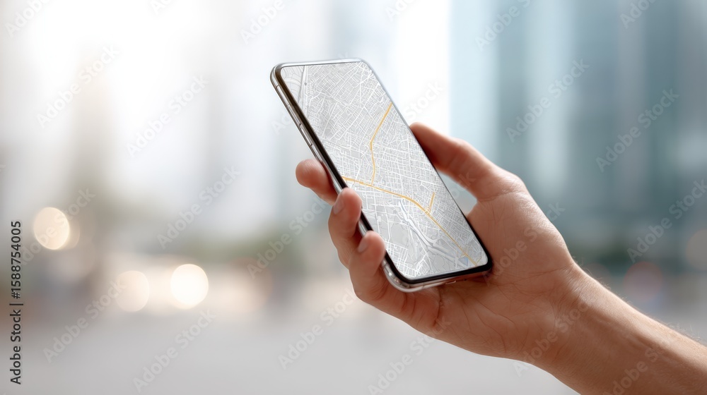Poster close up of a hand holding a smartphone displaying a map, suggesting the use of gps navigation while