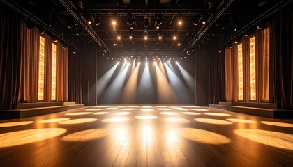 Empty performance hall lit by spotlights