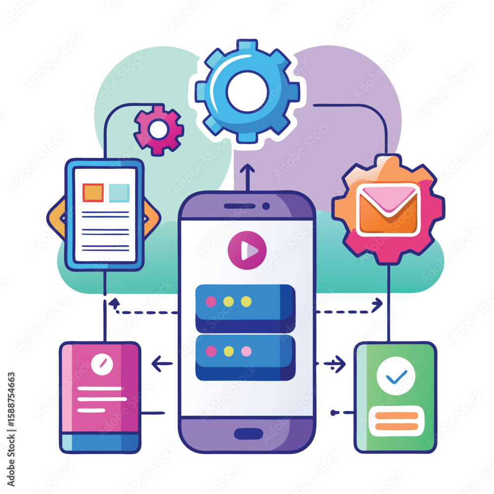 Poster colorful illustration depicting a mobile phone connected with various app features and step-by-step 