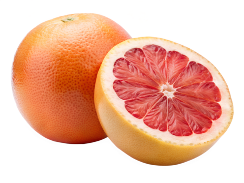 Fresh grapefruit with a cut half showcases the juicy red pulp, perfect for healthy eating and vibrant fruit designs, transparent background