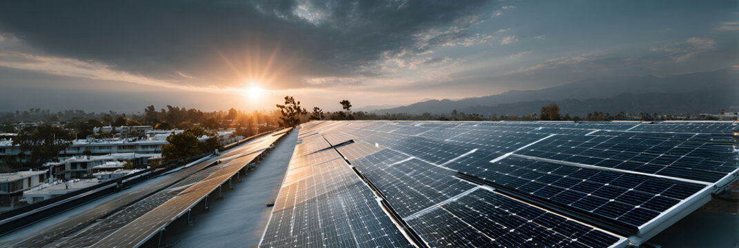 Renewable energy concept featuring solar panels on a residential roof showcasing photovoltaic technology Mixed media with ample space for text
