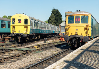 View of Train engine or Locomotive and railway coaches in the Tunbridge Wells railway station and ready to leave. use it as your Wallpaper, Poster and Space for text, Selective focus.