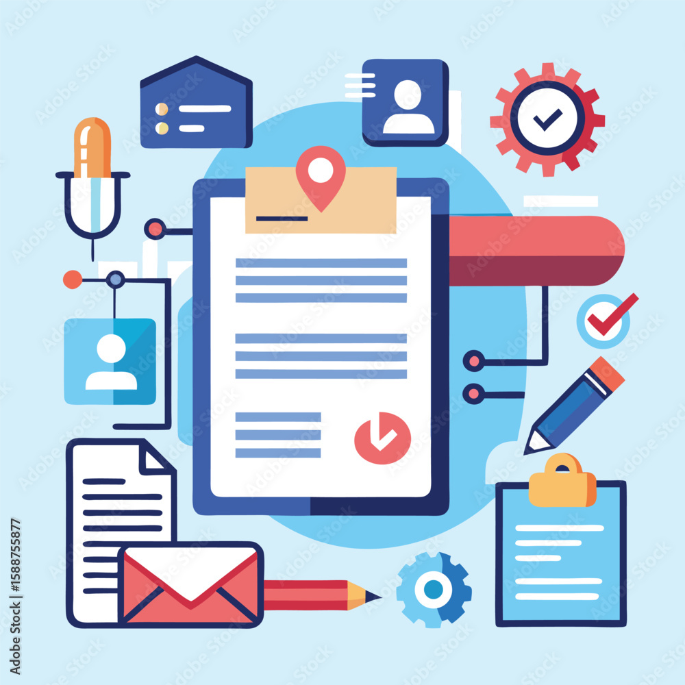 Poster conceptual illustration of a comprehensive business plan design with step-by-step workflows and rela