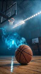 Basketball ignited by blue energy on a smoky court under arena lights