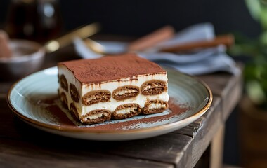Delicious Tiramisu Slice on Ceramic Plate in Cozy Kitchen Setting