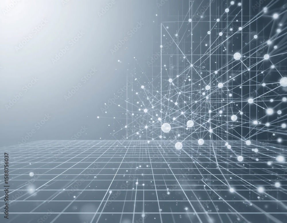 Poster a network of connected white dots and lines forming a grid structure against a gradient gray backgro