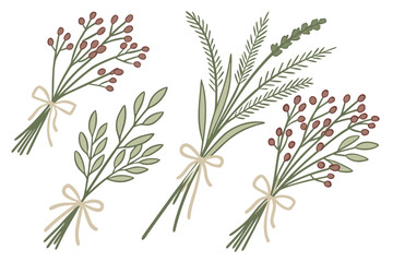 Three hand drawn botanical bouquets with simple ribbons and berries