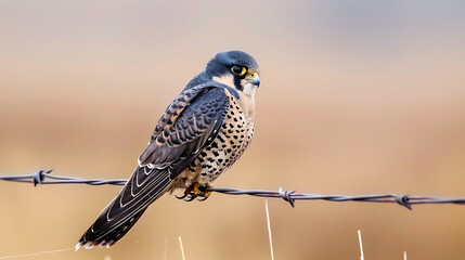 Eurasian hobby resting on wire fence in rural countryside, side view