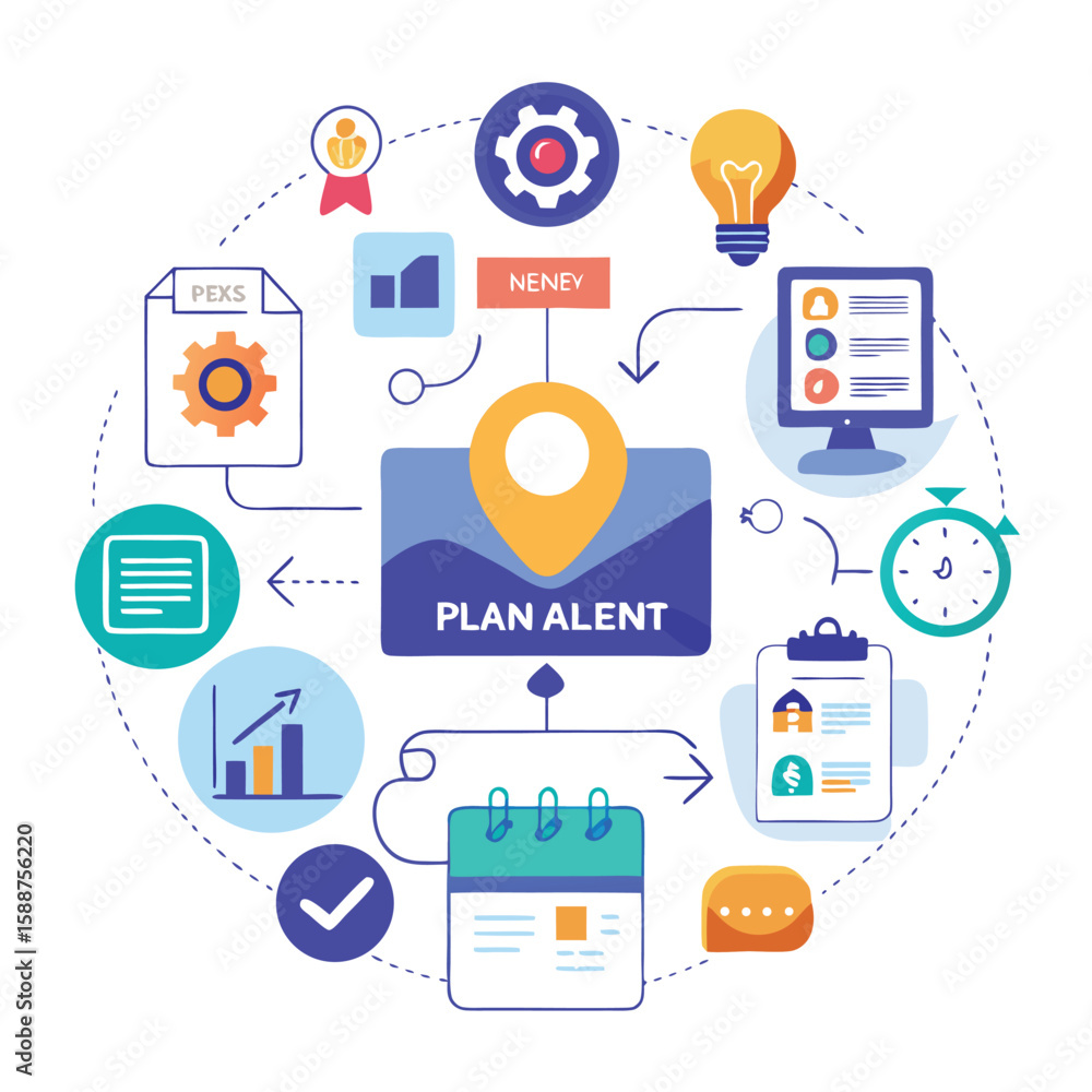 Poster conceptual illustration showcasing step-by-step workflows related to business strategies and project