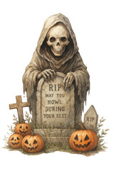 Grim Reaper with Tombstone and Pumpkins – Halloween Watercolor Illustration