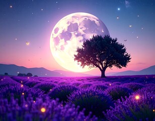 Solitary Purple Tree in Blooming Lavender Field at Sunset