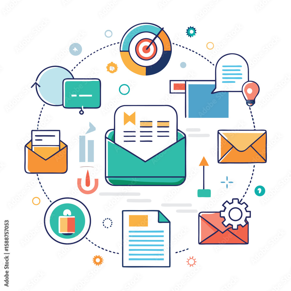 Poster creative illustration of email marketing and step-by-step workflows with business communication elem