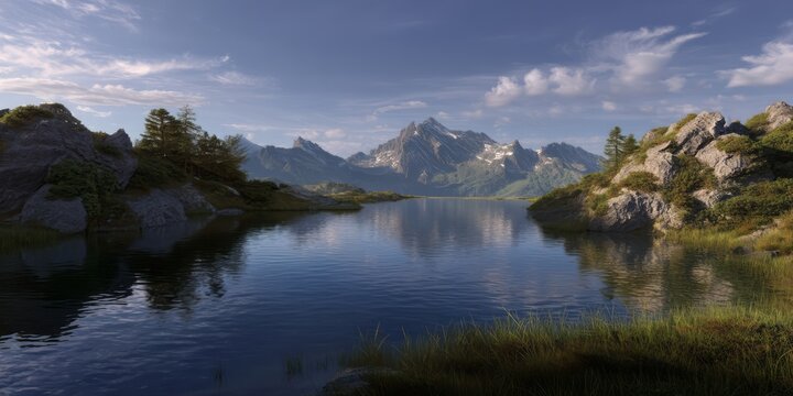 Panoramic 360 degrees hdr landscape of tranquil lake and mountains nature environment hdri