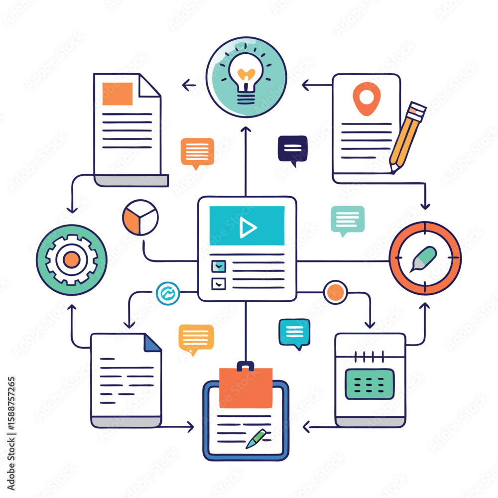 Aufkleber diagram depicting various steps of a business process or project management with a focus on step-by-