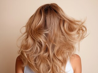 Naklejka premium Blonde woman showing long wavy hair from behind