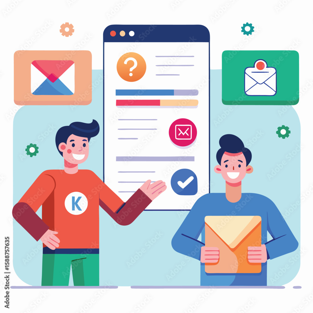 Poster digital messaging and email marketing concept with two people and a side-by-side feature comparison 