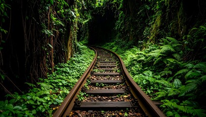 Winding train tracks through a lush jungle tunnel