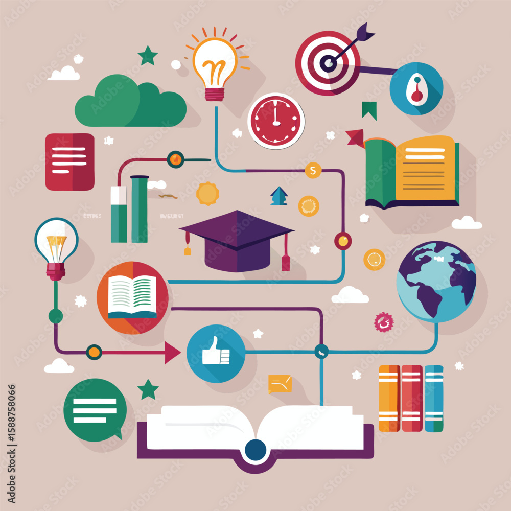 Poster education and strategy roadmap visualizing ideas goals objectives and knowledge advancement in a cre