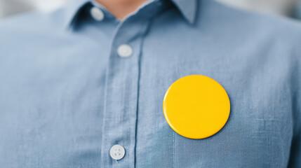 Employee birthday small office party, employee birthday small office party badge pin on blue shirt closeup