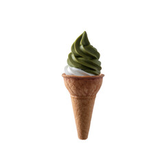 A delicious green tea soft serve ice cream in a crunchy cone, perfect for a refreshing treat on a warm day. The dessert features a swirl of two creamy flavors on top.