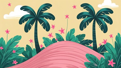 Tropical paradise with palm trees flowers and clouds isolated on transparent background