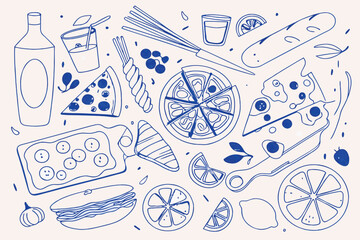 Hand drawn doodle illustration of food and drink items on a white background