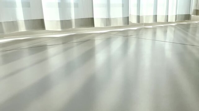 Sunlight through sheer curtains casts soft, shifting shadows on a polished concrete floor, creating a tranquil, minimalist indoor light - play scene.