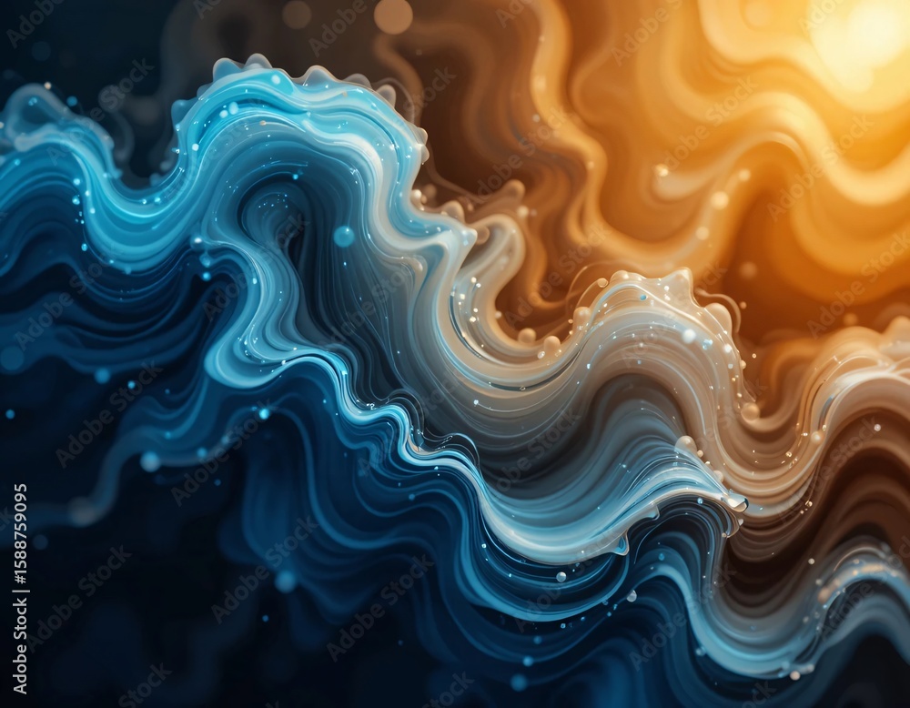 Poster Abstract waves of blue and gold intertwining with sparkling highlights creating a dynamic composition