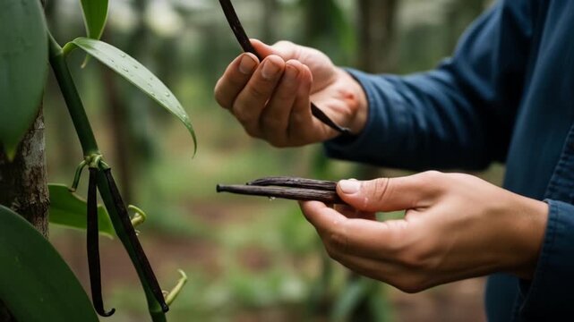 Vanilla Bean Harvest: Close-up of Farmer Inspecting Freshly Picked Pods on the Vine
