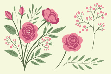 Delicate pink roses and berries arrangement with greenery on cream background