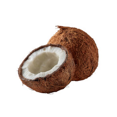 A fresh coconut, halved to reveal the soft white flesh and inner cavity, against a clean white background, highlighting its natural texture and refreshing appearance.