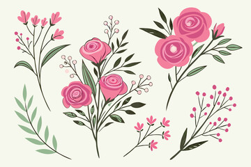 Collection of delicate pink roses and greenery with berries