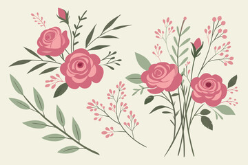Collection of delicate pink roses and greenery with berries