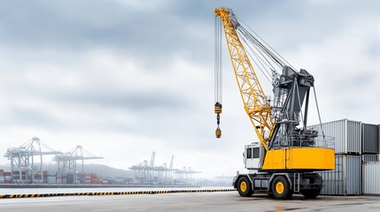 Heavy duty crane working at a busy shipping port during overcast weather