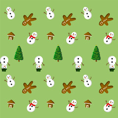 Fototapeta premium Festive Seamless Pattern with Snowmen, Gingerbread Figures, Trees, and Cozy Cabins