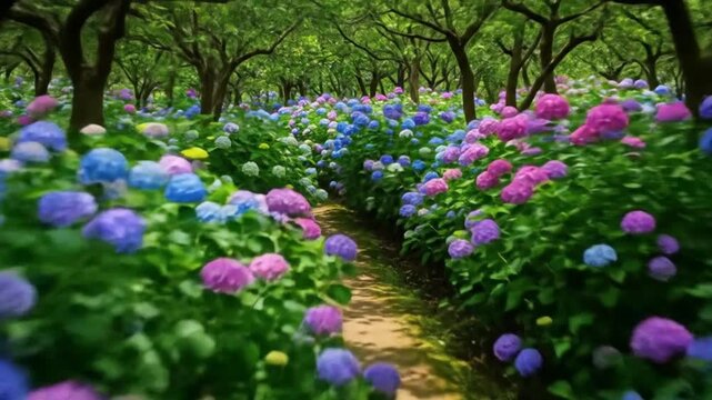 Walking through a vibrant hydrangea garden path, a colorful floral tunnel in full bloom