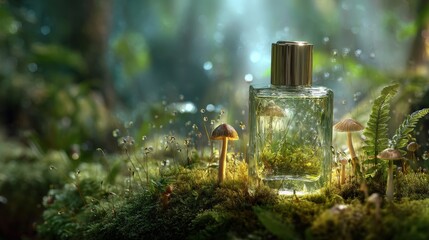 Nature-inspired perfume bottle surrounded by lush greenery and delicate mushrooms