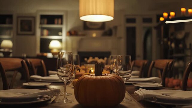 Festive Thanksgiving table featuring rustic pumpkin centerpiece, glowing candles, sophisticated dining setup creating warm seasonal atmosphere with elegant tableware