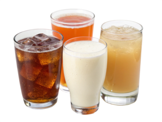 Assorted beverages present a refreshing selection of drinks against a transparent background featuring diverse liquid compositions.