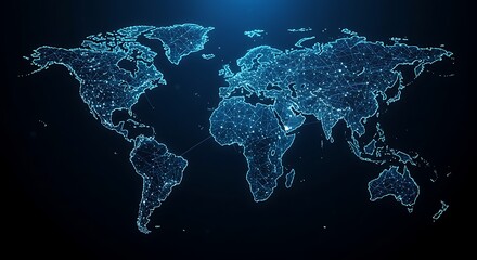Blue Glowing World Map Network on Dark Background globe